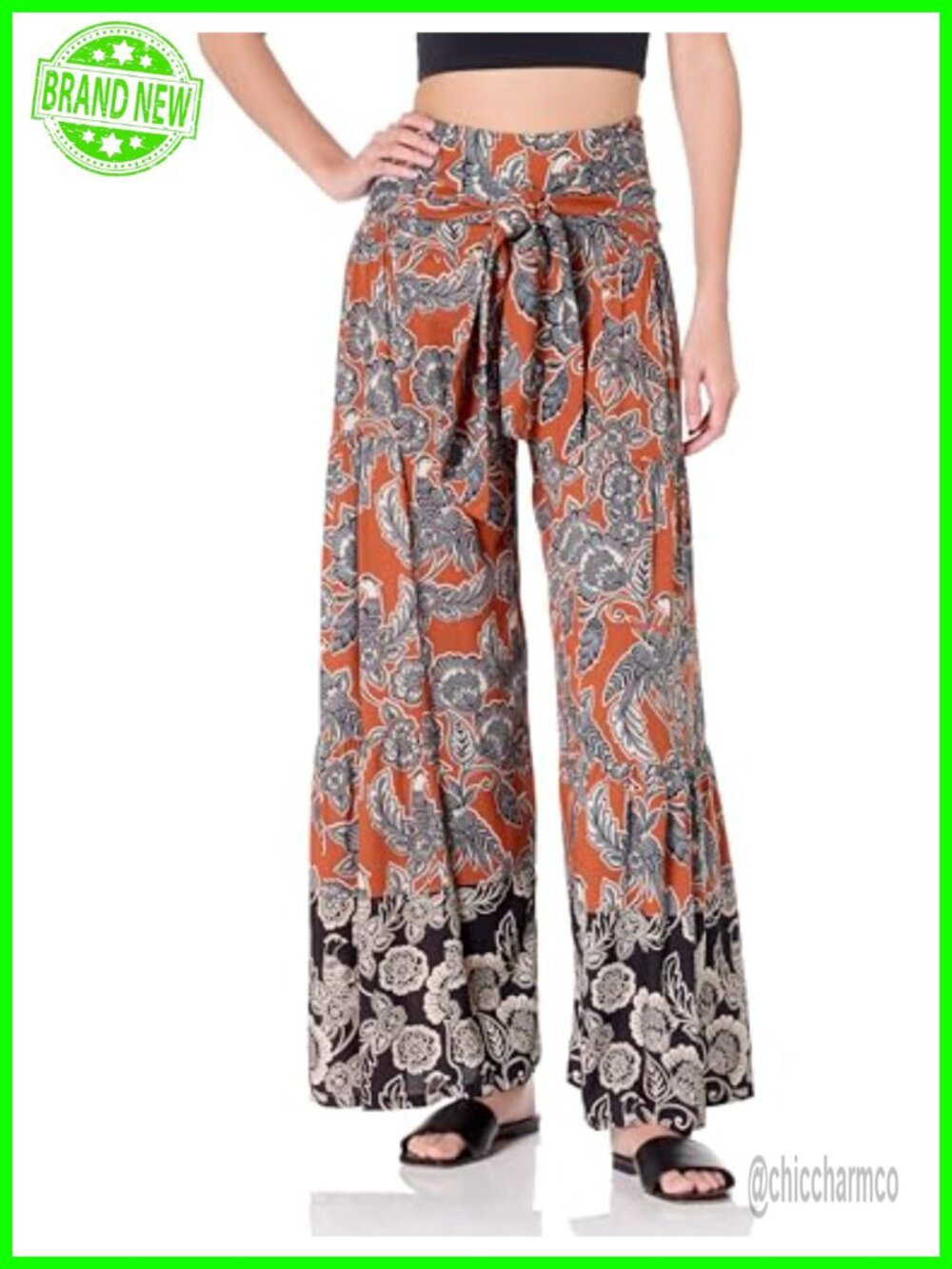 Women's Wide Leg Palazzo Pants Floral Bird Print Tie Waist Pull On